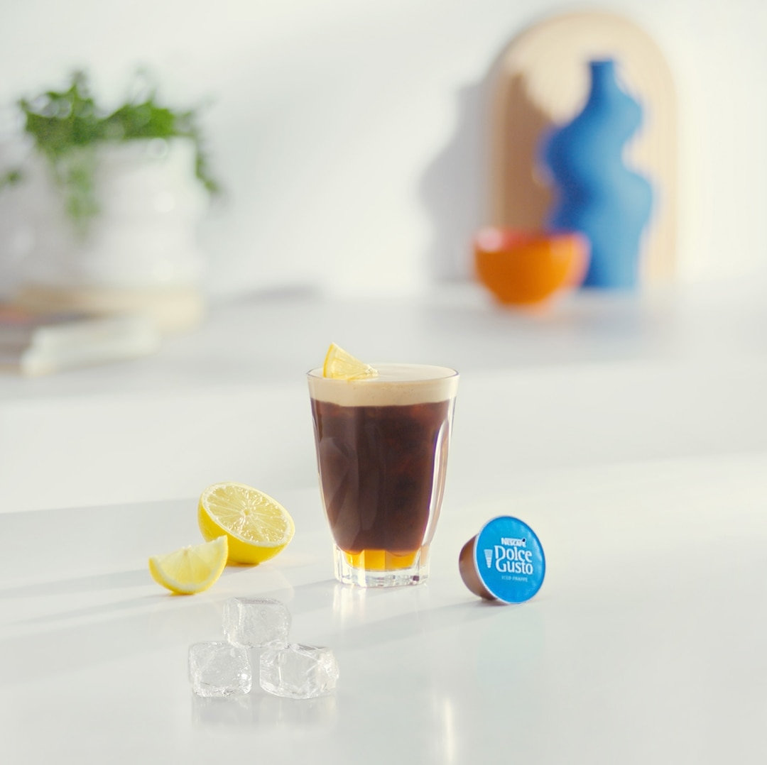 iced lemon coffee frapp&eacute; recipe next to ingredients